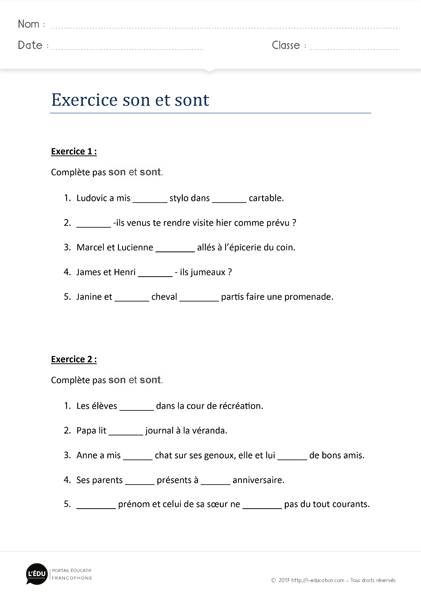 Exercice son sont - Homophones son sont | Exercices d'orthographe son sont