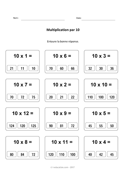 Cours Jeu Table De Multiplication De 10 Multiplier Par 10 Fiches A Imprimer