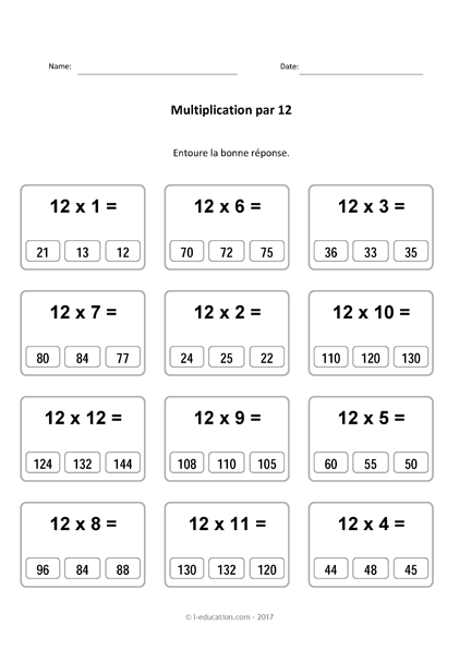 Cours & Jeu table de multiplication de 12 - Multiplier par 12 fiches à imprimer