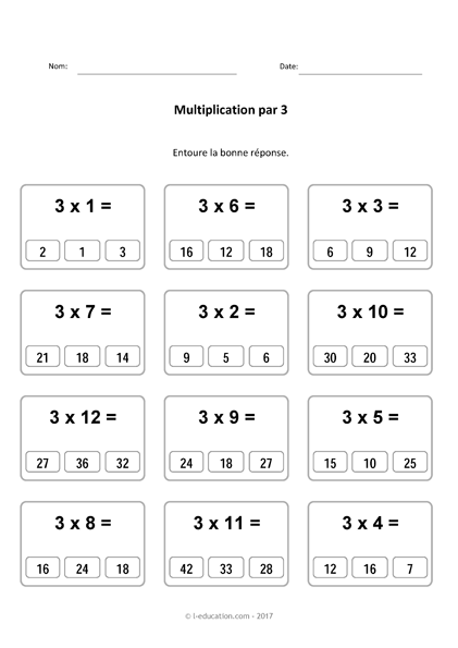 Cours & Jeu table de multiplication de 3 - Multiplier par 3 fiches à imprimer