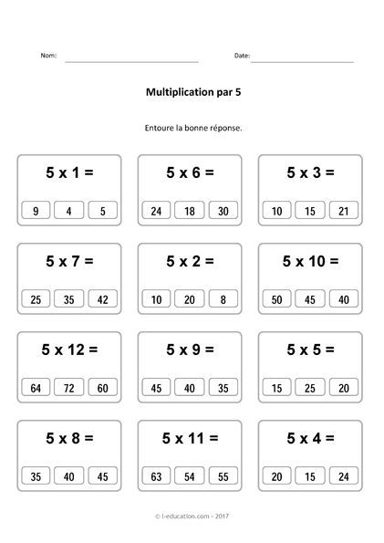 Cours & Jeu table de multiplication de 5 - Multiplier par 5 fiches à imprimer
