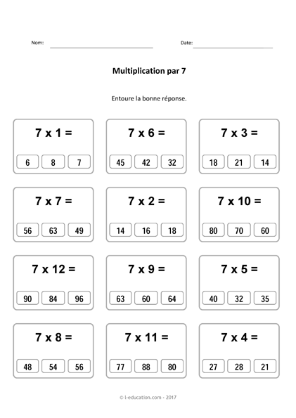 Cours & Jeu table de multiplication de 7 - Multiplier par 7 fiches à imprimer