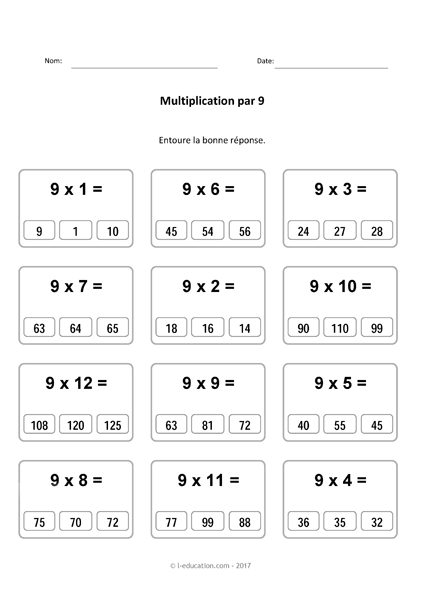 Cours & Jeu table de multiplication de 9 - Multiplier par 9 fiches à imprimer