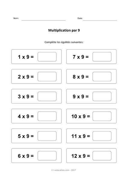 Cours & Jeu table de multiplication de 9 - Multiplier par 9 fiches à imprimer