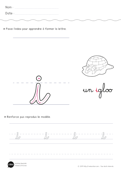 écrire la lettre i minuscule en cursive MS GS