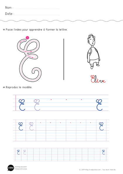 Écrire la lettre e majuscule cursive - Fiche lettre e majuscule à imprimer