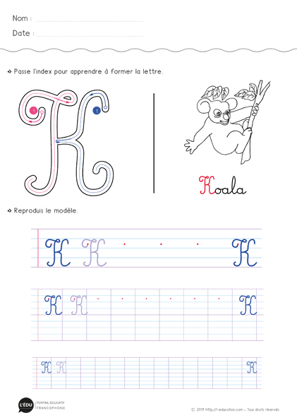 Écrire la lettre k majuscule cursive - Fiche lettre k majuscule à imprimer
