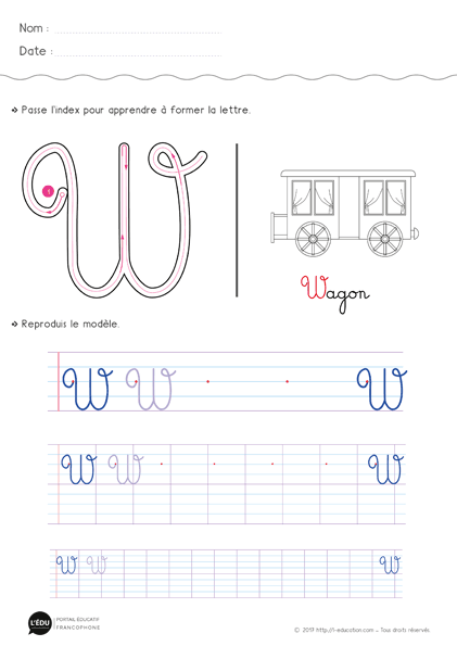 Écrire la lettre w majuscule cursive - Fiche lettre w majuscule à imprimer