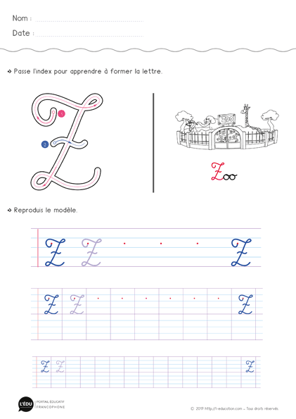 Écrire la lettre z majuscule cursive - Fiche lettre z majuscule à imprimer