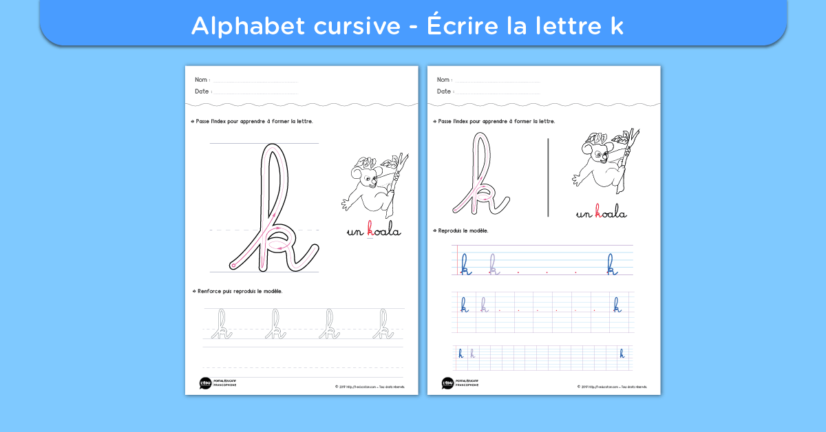 Écrire la lettre k minuscule cursive - Fiche lettre k minuscule à imprimer