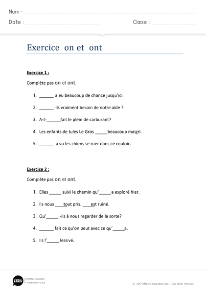 exercices homophones on ont à imprimer - Exercices d'orthographe on ont