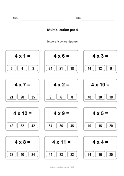 Cours & Jeu table de multiplication de 4 - Multiplier par 4 fiches à imprimer