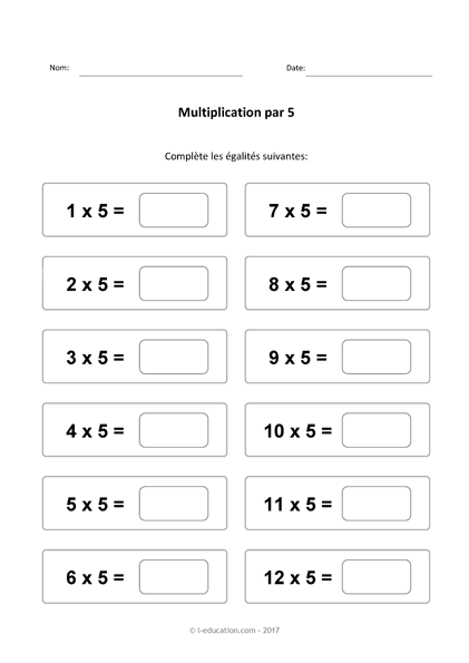 Cours & Jeu table de multiplication de 5 - Multiplier par 5 fiches à imprimer